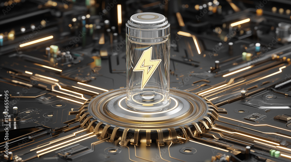 Poster futuristic energy capsule with lightning symbol placed at the center of a high-tech circuit board.