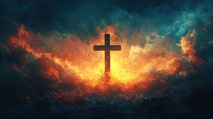 Fototapeta premium Beautiful watercolor painting of cross under dramatic sky