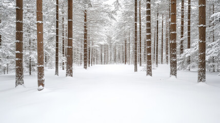 Fototapeta premium Snowy winter forest landscape with tall trees and serene atmosphere