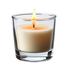 A close up shot of a small candle in a clear glass container with a bright flame on a black background