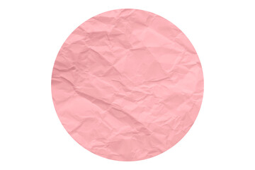 pink circle sticker with crumpled edges. Wrinkled round paper isolated on transparent background.