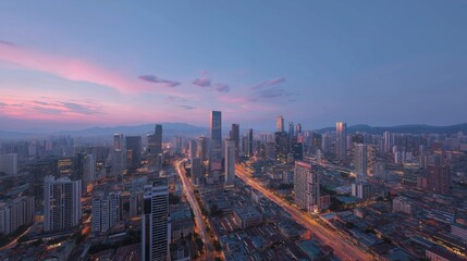 Fototapeta premium Panoramic city skyline at dusk featuring modern skyscrapers against blue evening sky. Urban landscape captures twilight atmosphere with bustling streets below
