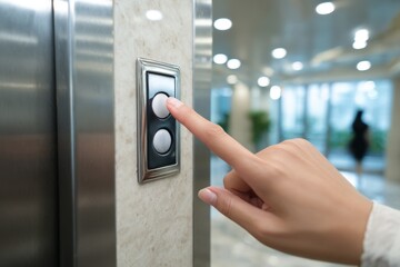 Naklejka premium Close-up of a hand pressing an elevator button.