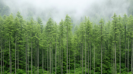 Fototapeta premium Lush green forest with tall trees shrouded in morning fog, creating serene atmosphere