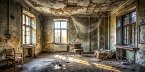 A room with peeling walls in an old abandoned building, covered in a thick layer of dust and cobwebs, with broken furniture and a general air of neglect , neglected, cobwebbed