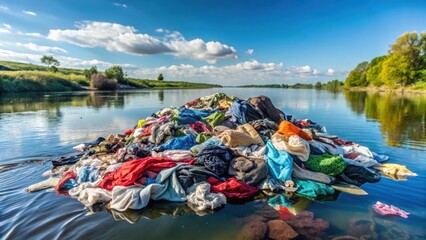 Pile of discarded clothing floating on surface of river with blue sky in background