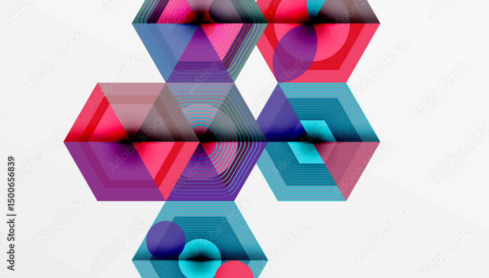Poster Abstract geometric composition. Hexagons, lines, circles create vibrant, layered visual effect. Modern design, colorful patterns dominate.