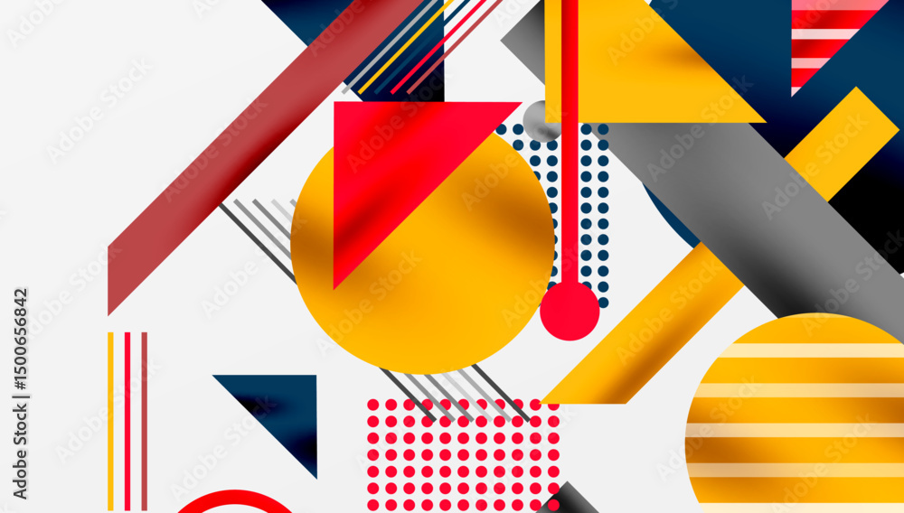 Poster Abstract geometric composition. Shapes overlap, creating dynamic visual experience. Bright colors dominate, offering modern aesthetic.