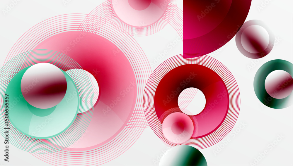 Fototapete abstract composition featuring overlapping circles, lines. red, pink, teal hues create dynamic visua