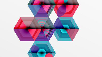 Abstract geometric composition. Hexagons, lines, circles create vibrant, layered visual effect. Modern design, colorful patterns dominate.
