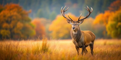 Majestic Red Deer Stalking in Autumn Meadow, nature, deer,  nature,deer, forest landscape, animal kingdom
