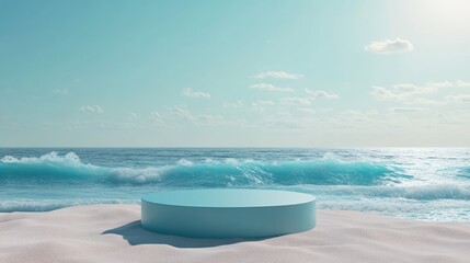 Serene Coastal Display: Minimalist Product Presentation on a Sandy Beach with Turquoise Ocean Waves