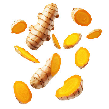 A vibrant image showcasing fresh turmeric roots and slices against a stark black background creating contrast