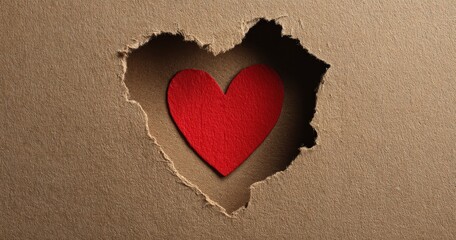Red heart peeking through torn paper backdrop.