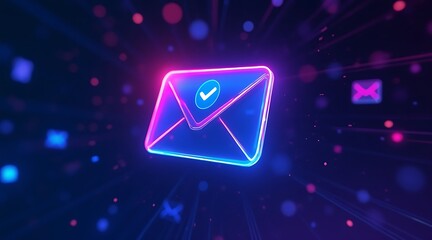 Glowing neon envelope icon with checkmark symbolizes successful email delivery in digital communication