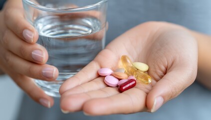 Close-up of hand with pills and glass of water.