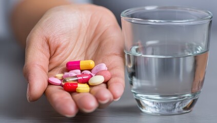 Hand holding various pills near a glass of water.