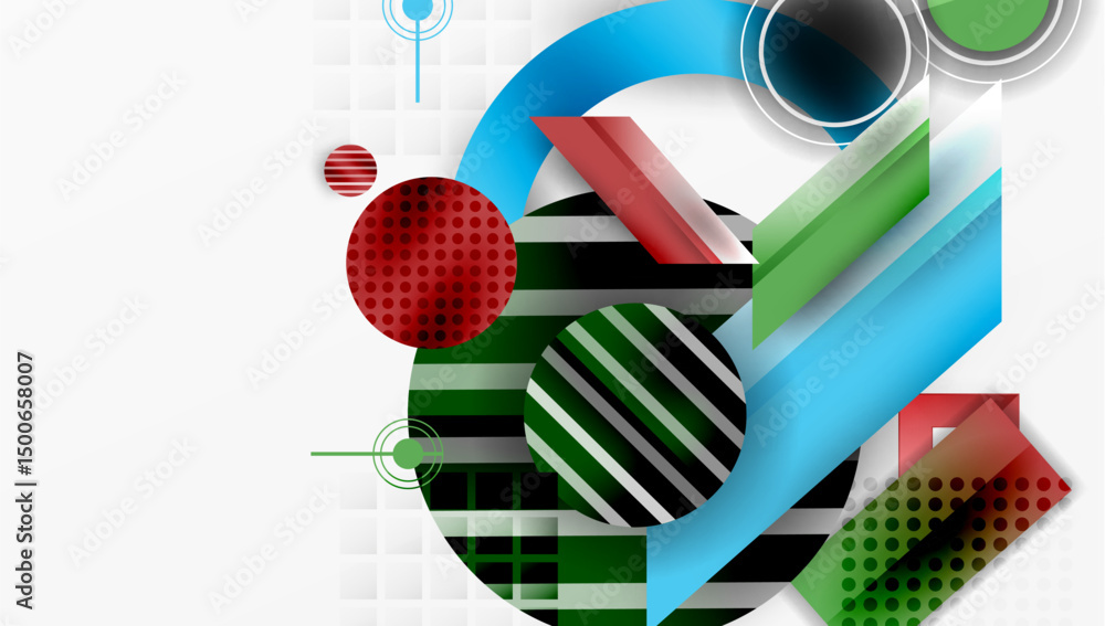 Aufkleber abstract geometric shapes overlap. red, green, blue elements create dynamic composition. clean desig