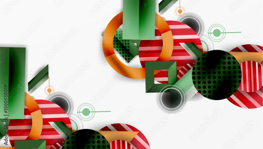 Poster abstract geometric design. shapes overlap, creating dynamic composition. red, green, orange hues dom