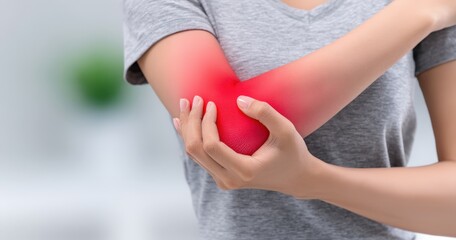 Woman holding painful elbow in discomfort.