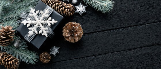 Winter holiday gift with pine cones and snowflake ornament.