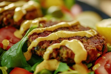 Delicious Salad with Veggie Patties and Tangy Sauce Drizzle