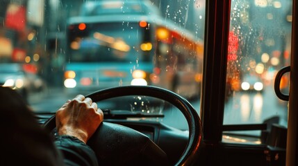 Naklejka premium City bus ride on a rainy day through the drivers perspective creating a scenic image