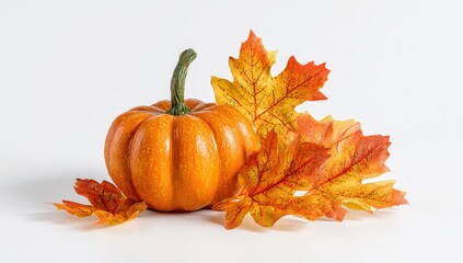 Pumpkin with vibrant autumn leaves on white background.