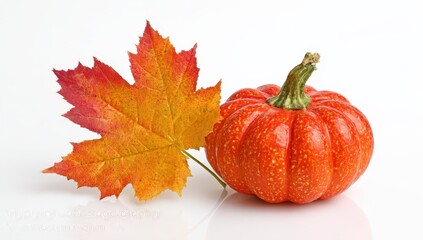 Autumn maple leaf and pumpkin on white background.