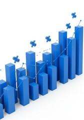 3D Illustration Blue Bar Graph Rising Depicting Financial Growth on White Background