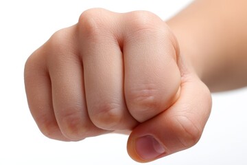 Close-up of a clenched child's fist on white background.