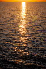 Golden sunlight glimmers on the calm surface of water during a peaceful sunset at the lake