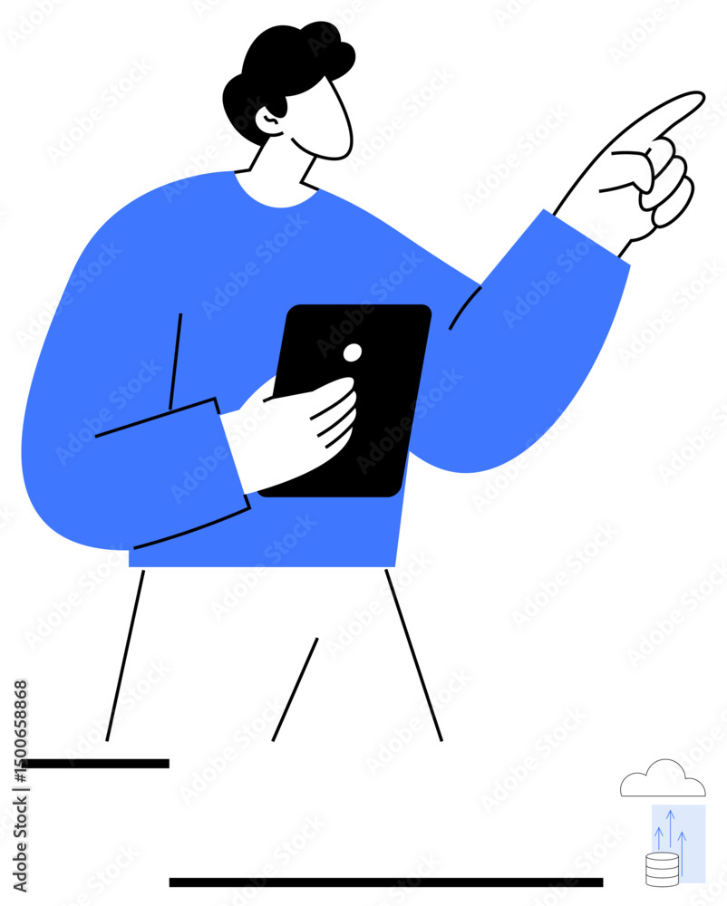 Aufkleber person in modern minimal art style holding tablet while gesturing forward, small data upload icon im