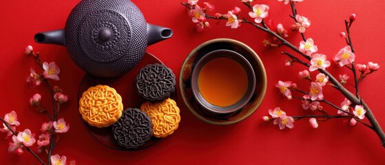 Traditional tea set with mooncakes on red surface.