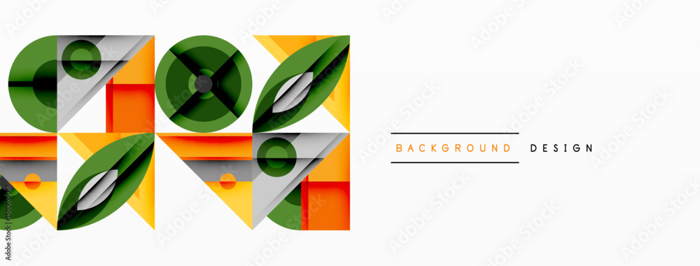 Poster Abstract geometric design. Overlapping shapes create dynamic visual effect. Green, orange, gray tones dominate composition. Modern aesthetic.
