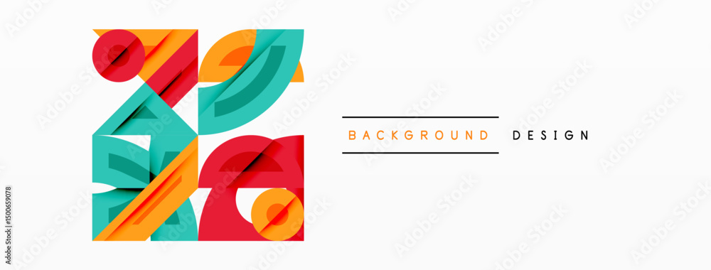 Poster Abstract geometric shapes overlap, creating vibrant design. Colors include red, orange, teal, plus white background. Minimalist style.