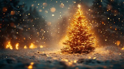 A festive tree glows, surrounded by softly falling snow and warm, magical lights