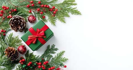 Festive Christmas decoration with gift and pinecones.