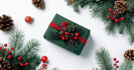 Christmas gift wrapped in green paper with festive decorations.
