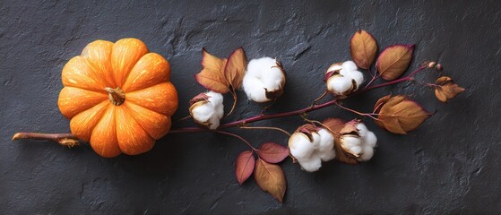 Pumpkin and cotton arrangement on dark background.