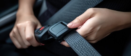 Close-up of woman fastening a seatbelt in a car.