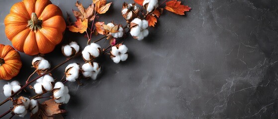 Autumn arrangement with pumpkin and cotton on dark background.