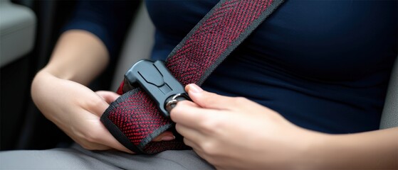 Person wearing a red seatbelt for safety in a car.
