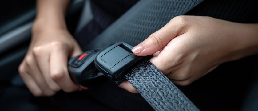 Close-up of woman fastening a seatbelt in a car. - Powered by Adobe