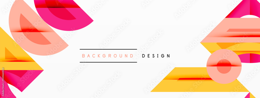 Poster abstract geometric shapes overlap, creating vibrant pink, yellow design on white background. text re