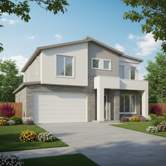 3D Rendering Of A Modern Residential House Exterior With Stone And White Facade
