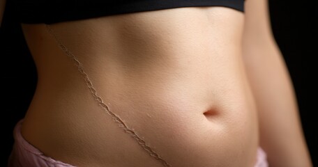Close-up of a woman's healing scar on her abdomen.