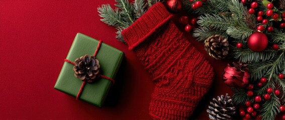 Festive red stocking and gift box on a holiday background.