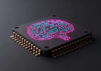 3D Illustration of a Processor Chip with Glowing Pink Brain Circuitry on Black Background