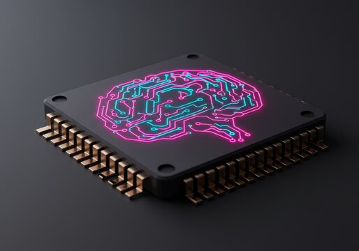 3D Illustration of a Processor Chip with Glowing Pink Brain Circuitry on Black Background - Powered by Adobe